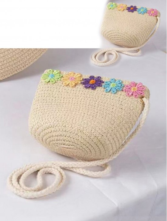 Adult and Kid Woven Mini Purse W/ Flowers Set